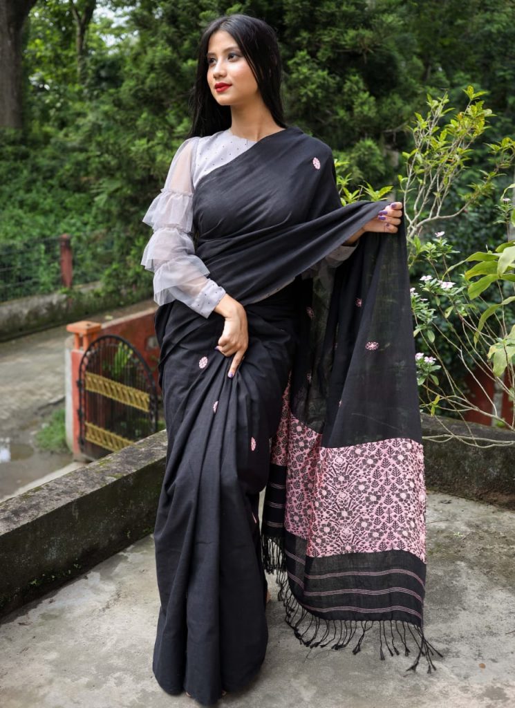 Ek Phulia Cotton Saree- Olive Black – My Clothing Treasure-sgquangbinhtourist.com.vn