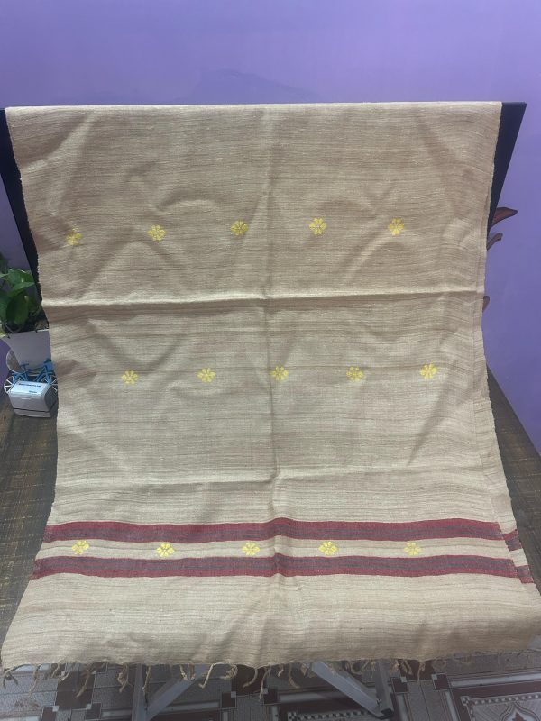 Natural Eri Silk Handwoven Stole with Yellow Motifs & Red Borders - Image 2