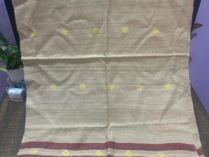 Natural Eri Silk Handwoven Stole with Yellow Motifs & Red Borders