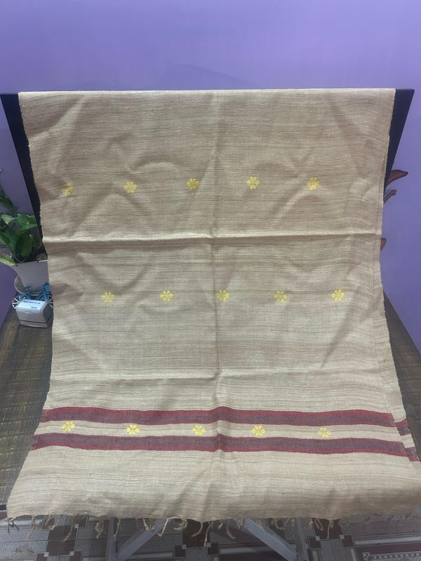 Natural Eri Silk Handwoven Stole with Yellow Motifs & Red Borders
